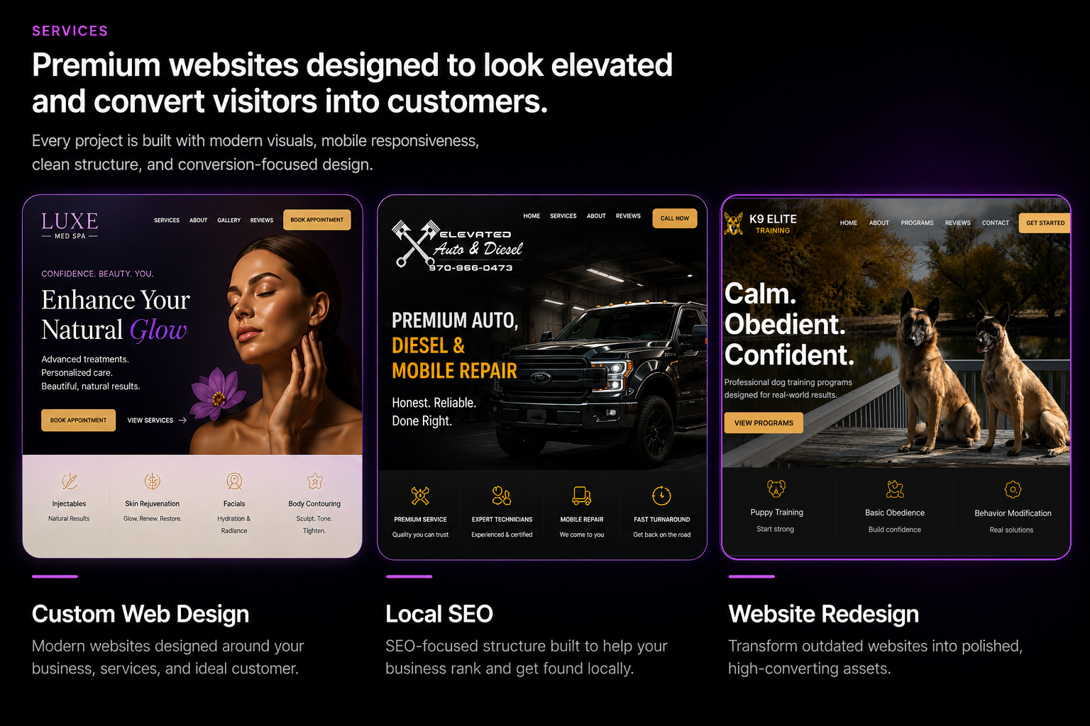 Apex Web Design service examples featuring beauty, auto repair, and dog training websites